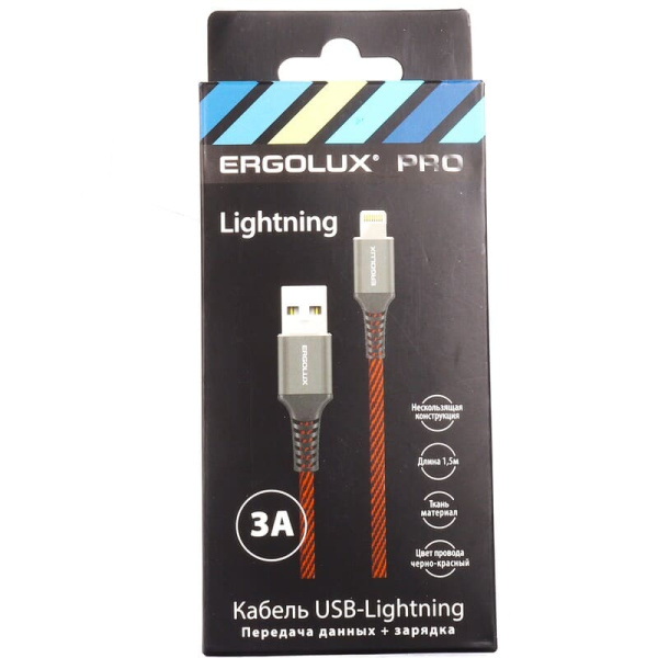 Зарядный датакабель USB-Type C 3A 1,2м черно-красный (8529/898512) ERGOLUX