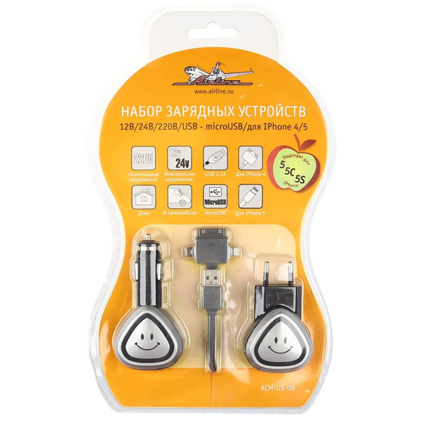 Зарядное устройство ACH-US-08 (12B/24B/220B/USB для  iPhone 4/5) Airline (000419)