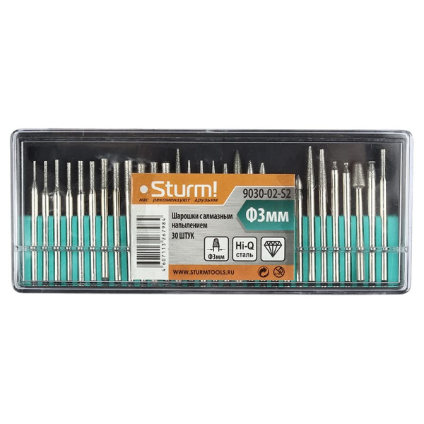 Набор шарошек 30шт,хвостовик 3мм.9030-02-S2, Sturm (алмазное напыление)